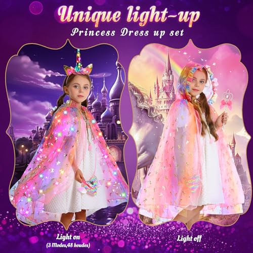 Fedio Princess Dress up for Girls,Unicorn Light up Princess Cape Set,Light up Princess Dress with Unicorn Toys for Girls ...