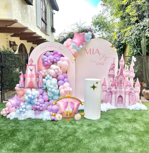 PageebO Princess Balloon Garland Arch, 154Pcs Pastel Blue Pink Purple Gold Balloons with Castle Carriage Star Foil Balloon...