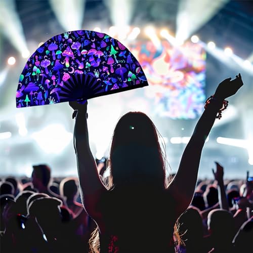 YKuzLx 13‘’ UV Glow Large Rave Fan for Men Women, Rave Essentials, Decorative Folding Hand Fan for Party, Home Decoration,...