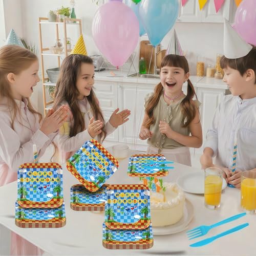 60 Pcs Hedgehog Birthday Party Supplies,Video Game Themed Decorations, Plates, Forks, Games, and Favors for Kids' Celebration