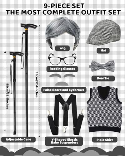 Kevsuvqin Kids Old Man Costume for Boys 9 Pcs Set, 100 Days of School Costume Boys with Adjustable Cane, Wig, Vest(Ages 3-12)
