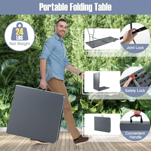 Folding Table, HDPE Portable Table with 6 ft Long Tabletop, Metal Frame Picnic Camping Table with Safe Lock, Collapsible D...