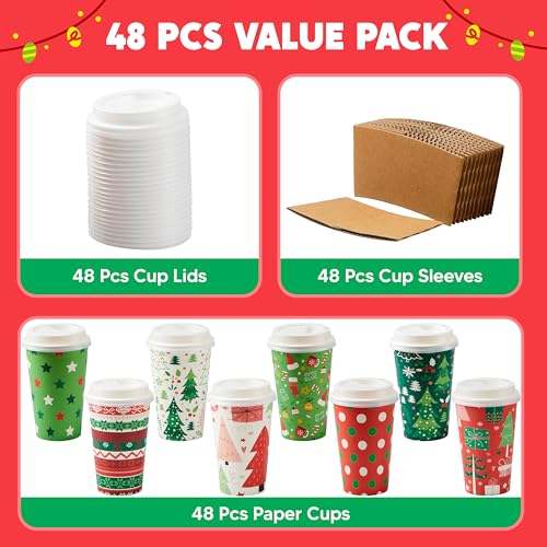 JOYIN 48 Pcs Merry Christmas Disposable Cups with Sleeves and Lids, 8 Designs Xmas Drinkware 16 oz Paper Cup For Hot Choco...