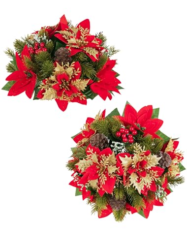 BLOSMON Christmas Centerpieces for Dining Table: 2 Pcs Red Gold Glitter Fake Poinsettia Christmas Flowers Ball Decoration...