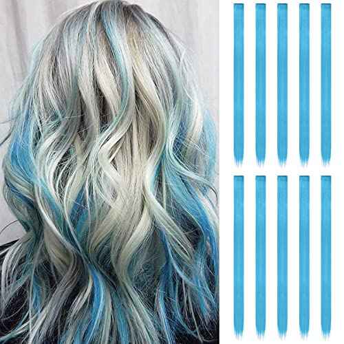 FESHFEN Colored Clip in Hair Extensions - 10 PCS Skyblue Light Blue Highlighted Hair Piece Straight Synthetic Clip in Hairpieces for Women 22 inch