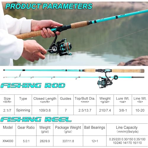 Sougayilang 7’ Fishing Rod and Reel Spinning Combo, 2 Piece Fishing Rod, Size 4000 Reel, Right/Left Handle Position, Suita...