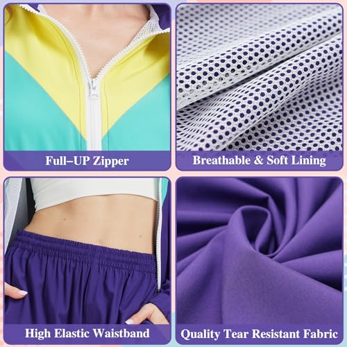 Coseaon 80s Tracksuit for Women Retro Windbreaker Outfit 90s Color Block Sportswear Set with Jacket Sweatpants