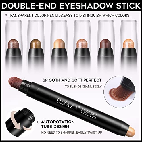LUXAZA 6 PCS Brown Neutral Metallic Eyeshadow Stick, Light to Dark Brown Cream Shimmer Pencil Crayon, Pro Waterproof & Long Last