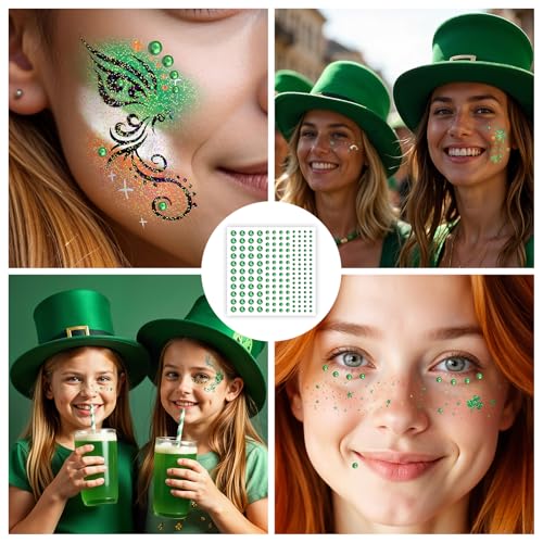 EMOME St Patrick Day Accessories, St Patrick's Day Glitter Shamrock Face Tattoo with Green Face Gems and Faux Freckles, Sa...