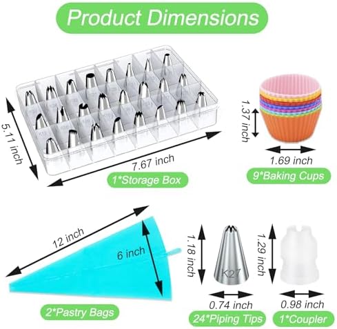 Suuker Piping Bags and Tips Set, Reusable Icing Bags and Tips with 24 Piping Tips, 2 Reusable Pastry Bags, 9 Silicone Baking Cups, Coupler, Cake Decorating Kit for Frosting Cookie, Cupcake(38 Pcs)