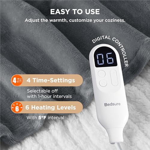 Bedsure Heated Blanket Throw Blanket - Fast Heating Electric Blanket, Soft Flannel Heated Throw with 4 Time Settings, 6 He...