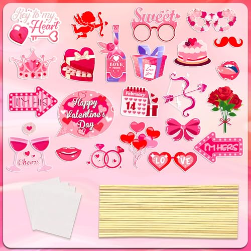 Happy Valentine's Day Photo Booth Props Kit, 24 PCS Selfie Photo Booth Accessories with “Happy Valentine’s Day” Signs, Cut...