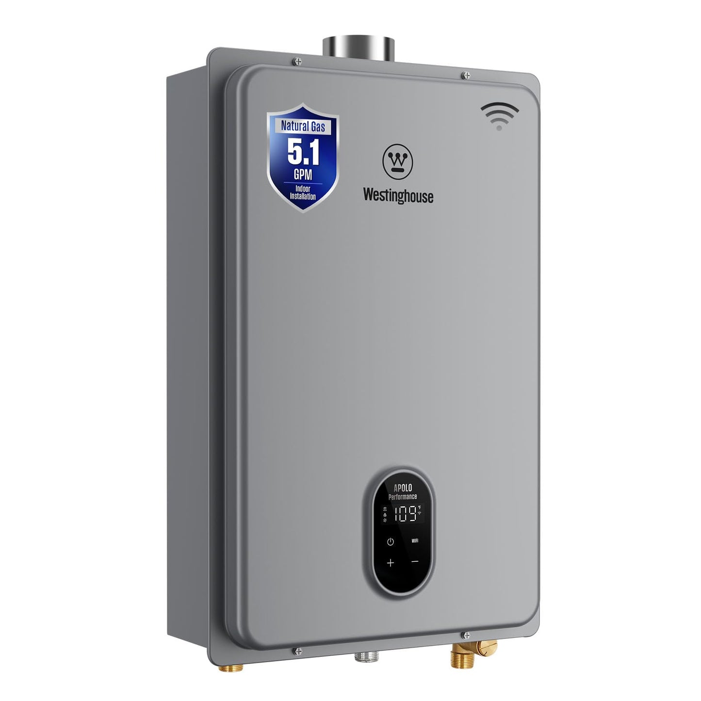 Westinghouse Smart Tankless Water Heater Natural Gas Indoor, 5.1 GPM 120,000 BTU Whole Home Instant Hot Water Heater, WiFi App Control, ±1°F Temperature Stability, Non-Condensing for 2-4 Fixtures