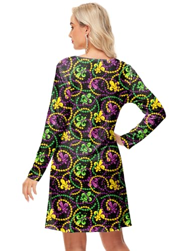 Deerose Women Vanlentine Dress Long Sleeve Mardi Gras Holiday Printed A Line Dresses with Pockets