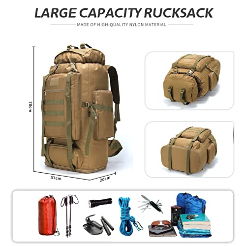HongXingHai 70L/100L Hiking Camping Backpack MOLLE Rucksack Waterproof Daypack for Traveling (Khaki)