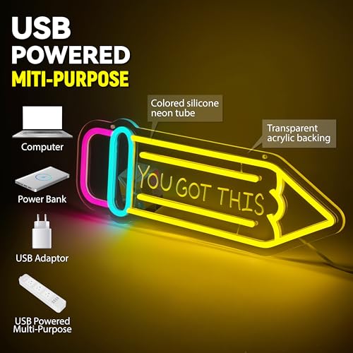 Pencil Neon Sign Dimmable Motivational Led Neon Light for Wall Decor USB Powered LED Sign for Inspirational Classroom Offi...