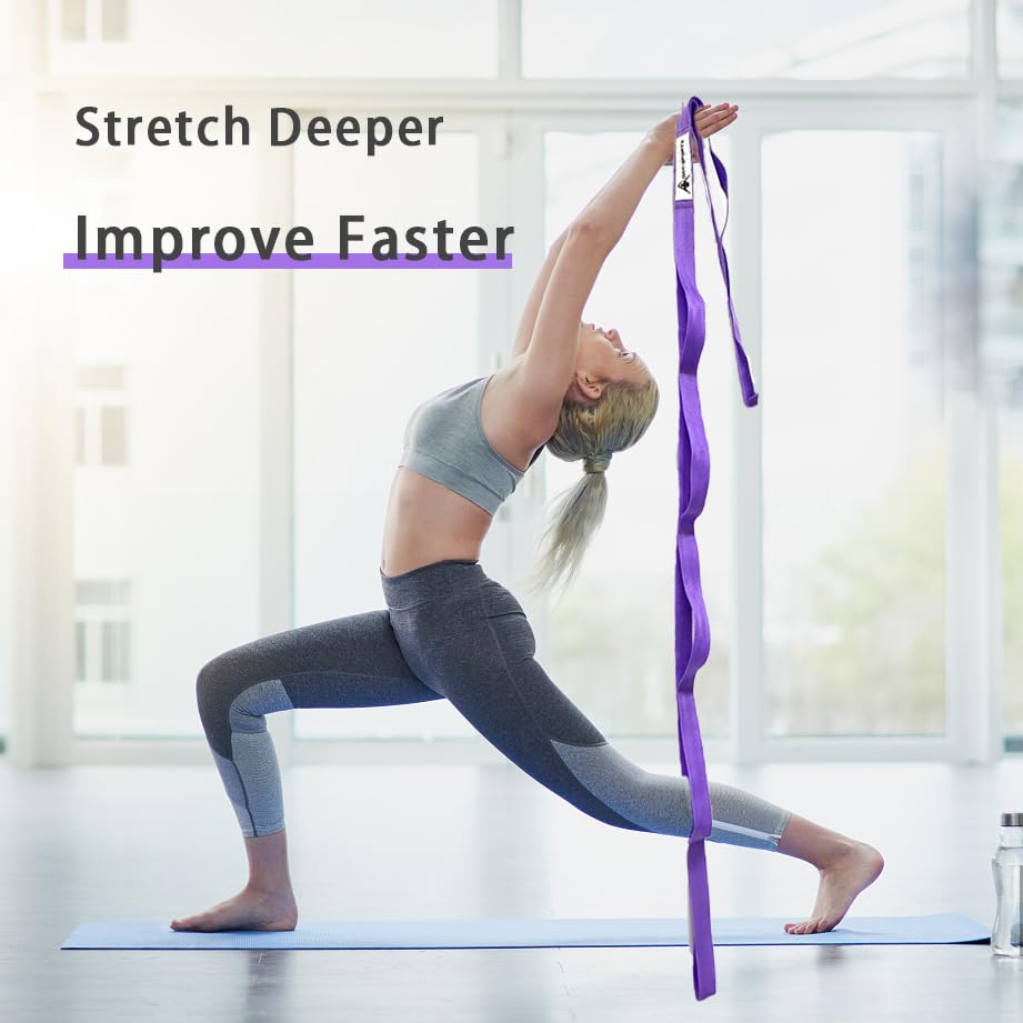 Stretching Strap Yoga Strap with Loops, Stretch Straps for Physical Therapy, Non-Elastic Exercise Strap for Pilates, Dance and Gymnastics with Workout Guide (Purple+Purple)