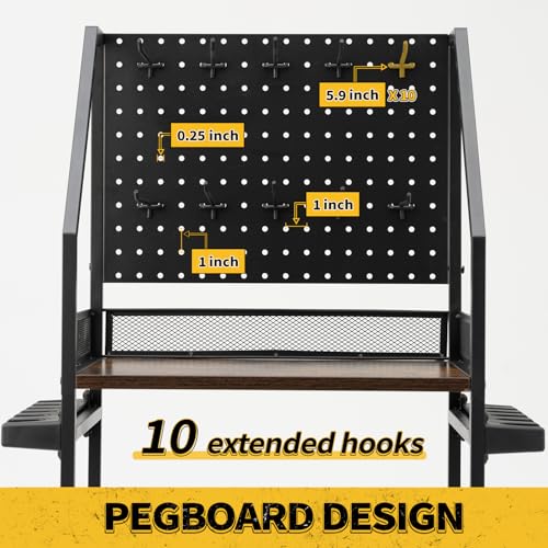 SOYEEZE Fishing Rod Holders for Garage with Pegboard and Lockable Wheels, 3-Tier Fishing Pole Rack with 10 Hooks, Fishing ...