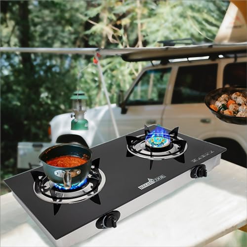 RegiisCook Double Burner Propane Gas Cooktop,Camping Portable LPG Gas Stove, Auto Ignition Tempered Glass Countertop with ...