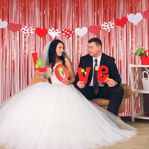 Valentines Day Backdrop Valentines Day Decorations, Melsan Red Tinsel Foil Fringe Curtains Backdrop, 3.2 ft x 8 ft Sparkle...