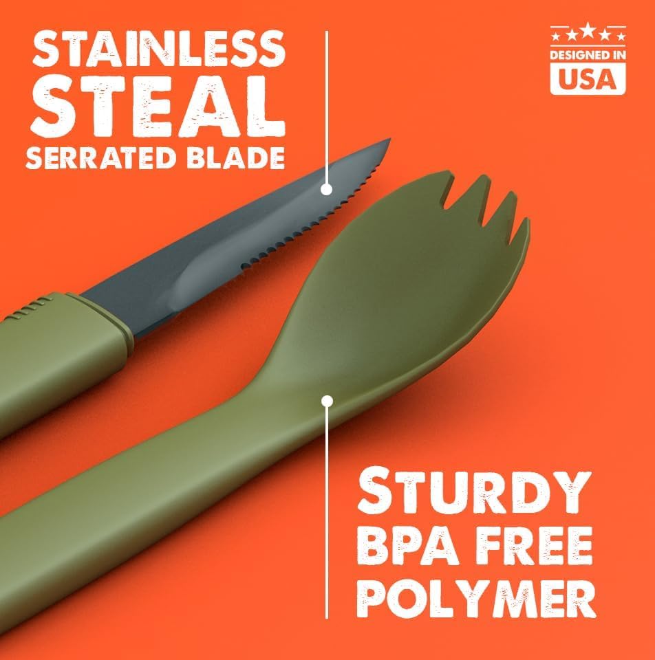 Tapirus Spork Tactical Green | BPA Free Spoon Fork, Stainless Steel Knife and Fire Starter | 3 in 1 multipurpose utensil |...