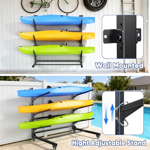 POKIPO Kayak Storage Rack,Heavy Duty Kayak Stand with Wheels 3 Layer Freestanding Wall Mount Rack Adjustable Kayak Rack fo...