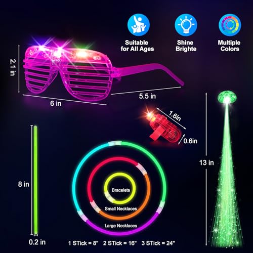 SHQDD 158 PCS Glow in the Dark Party Supplies, 14PCS LED Glasses, 30LED Finger Lights, 14LED Light Hairs and 100PCS Glow S...