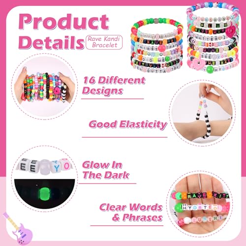 16/24/32Pcs Rave Kandi Bracelets Set Glow In The Dark EDM Music Stretch Bracelets Multi Color Beaded Kandi Cuff Rave Acces...