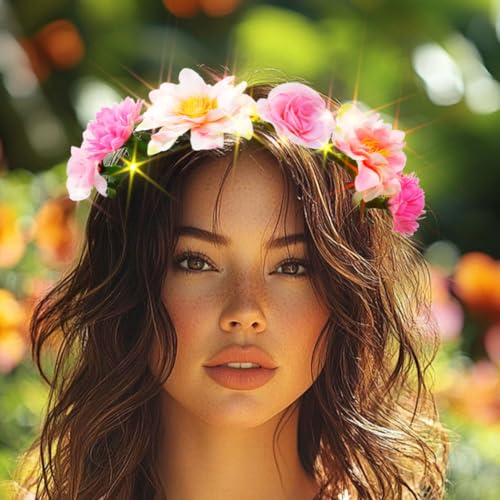 DRESBE Light Up Flower Headbands LED Floral Garland Crown Headband Glowing Party Wreath Hair Accessories for Women (Pink)
