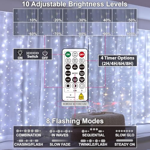 HXWEIYE 300LED Fairy Curtain Lights, 9.8x9.8Ft USB Plug-in 8 Modes Christmas String Hanging Lights with Remote for Bedroom...