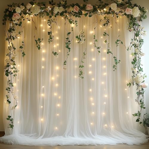 Patioman 10x10ft White Tulle Backdrop Curtain with String Lights, Wrinkle-Free Sheer Wedding Backdrop for Birthday Partie...