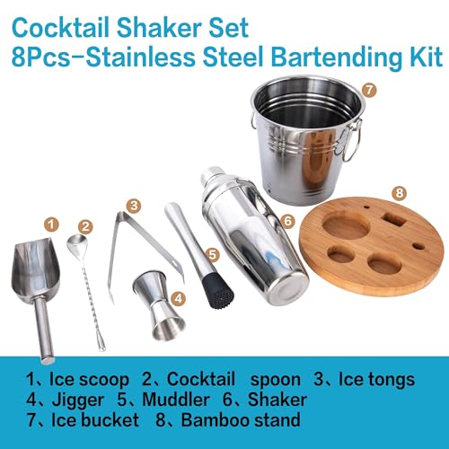 JNWINOG 8-Pcs Cocktail Shaker Set Bartender Kit | Bar Set Drink Mixer Set with Ice Bucket and All Bar Accessory Tools: Mar...
