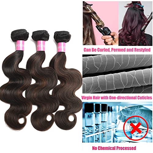 Highlight Brown Body Wave Virgin Hair 3 Bundles 10 12 14 Inch 10A Brazilian Human Hair Extensions Ombre Color Body Wavy Human Hair Weave Bundles (FB30, 10 12 14)