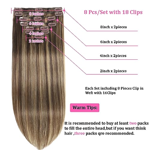 Balayage Chocolate Brown to Caramel Blonde Clip in Hair Extensions Real Human Hair Clip ins Remy Invisible Natural Straight Seamless Clip on Hair Extensions 8pcs Double Weft 22 Inch 90g