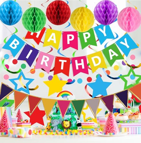 Buygain Colorful Birthday Decorations, Happy Birthday Banner with Honeycomb Balls, Stars Hanging Swirl Streamers, Buntings...