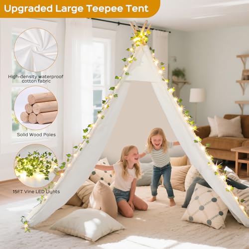 XXL Large Teepee Tent for Adults & Kids, Update Waterproof Cotton Playhouse with LED Vine Lights, Heavy-Duty Eucalyptus Wo...