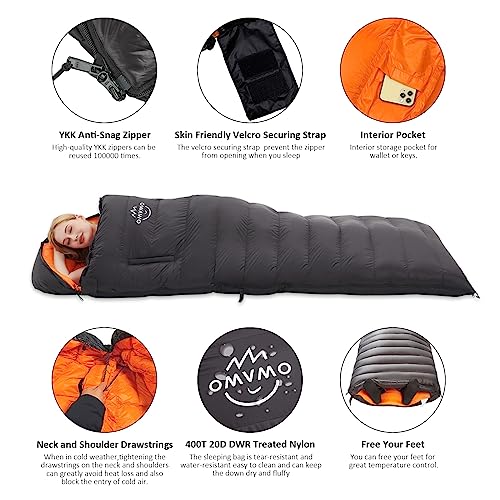 OMVMO 0-20 Degrees F Down Sleeping Bag for Adults - 4 Season Envelope With Arm Holes, Wearable for Backpacking Camping - U...