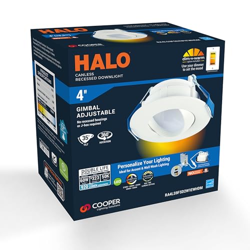 HALO RA 4-Inch Canless LED Recessed Downlight with Adjustable Gimbal, Selectable Lumens and Color Temperatures, Dim-to-Warm - RA6LS9FSD2W1EWHDM