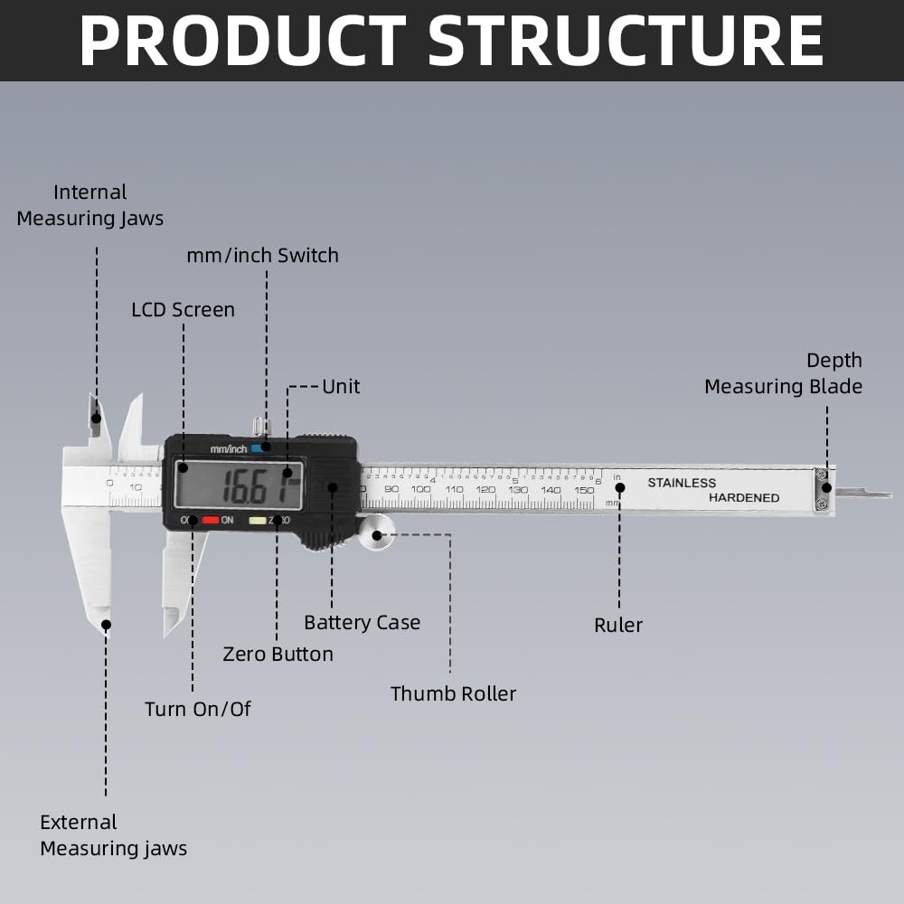 Digital Caliper Measuring Tool, Stainless Steel Vernier Caliper Digital, Micrometer Calipers with Large LCD Screen, Auto-Off Feature, Inch Millimeter Conversion, 6 Inch Caliper Tools for DIY/Household
