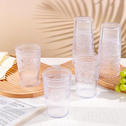 Ciaell 12 Pack Romantic Plastic Water Glasses - 14 Oz Clear Vintage Drinking Glasses, Embossed Ribbed Plastic Cups, Textur...