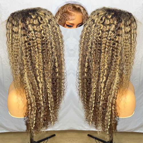 200 Density 13x6 Deep Wave HD Transparent Honey Blonde Ombre Lace Front Wigs 100% Human Hair Pre Plucked 4/27 Highlight Jerry Curly Wet And Wavy Human Hair Wigs For Black Women With Baby Hair 26 inch