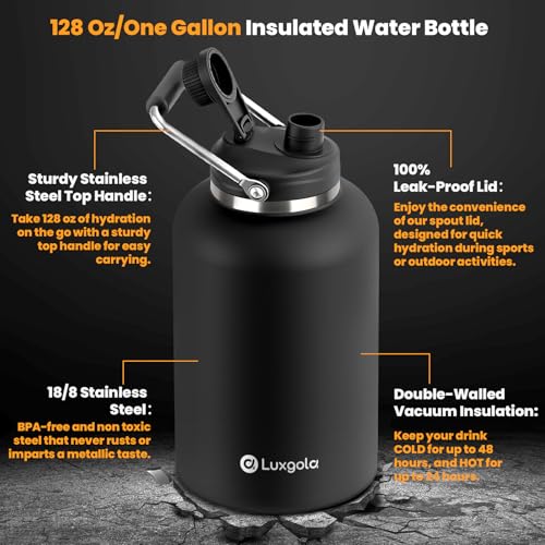 Luxgola 128 oz Insulated Water Bottle with Spout Lid and Handle, One Gallon Stainless Steel Large Double Vacuum Water Jug ...