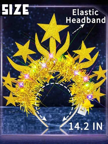 Yokawe Light Up Star Headband,Gold Tinsel Costume Hair Accessory for Rave Party