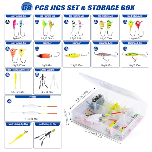 Goture Ice Fishing Rod and Reel Combo with Carry Bag, 24''Medium Spinning Ice Fishing Pole, 58Pcs Jigs & Lures with Storag...