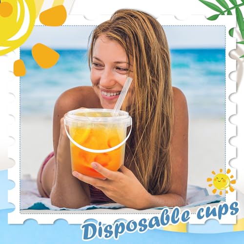 FYSUIMU 50Pcs Clear Plastic Cups with Lids & Straws 32 Oz Drink Bucket with Handle Disposable Cocktail Pails for Beach Poo...