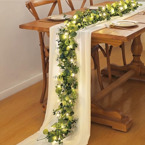 Dolicer 6 Packs 6FT Artificial Eucalyptus Garland with LED Light String, Faux Greenery Garland Hanging Fake Silver Dollar ...