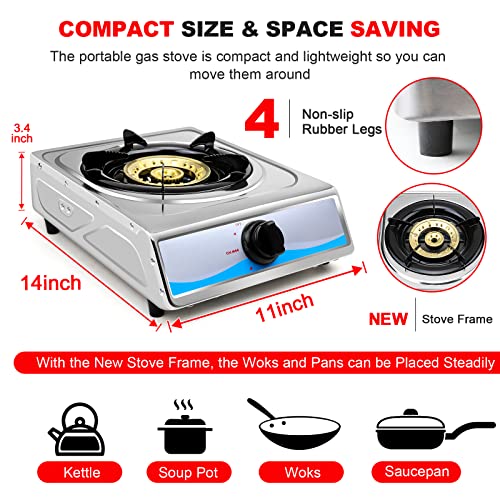 Propane Gas Cooktop，Single Burner Gas Stove Stainless Steel Portable Gas Stove，Auto Ignition Camping Single Burner LPGfor ...