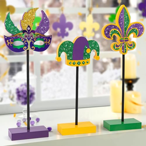 Hedeey 3 Pieces Mardi Gras Tiered Tray Decor Wood Set, Glitter Mardi Gras Table Decor,Rustic Mardi Gras Table Decorations ...