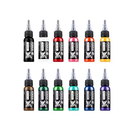 Tattoo Ink, Premium Quality, Precision Medium Viscosity, Rich Hue, Quick Healing, Acrylic-Free, Water-Based, Ready-to-Use Ink for Precision Tattooing (12 Color Pack, 1 oz)