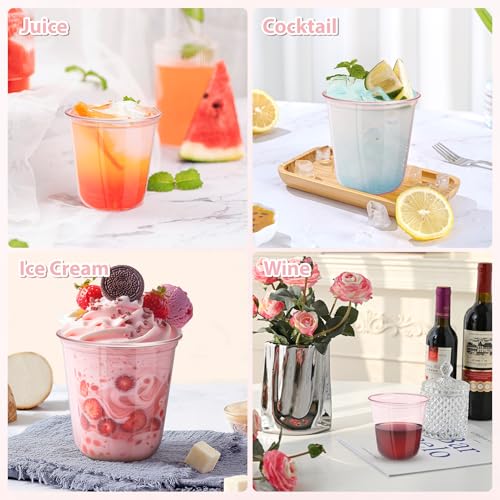 GGOLDMER 50 PCS Pink Plastic Cups - 12oz Disposable Stemless Wine Glasses, Clear Pink Cocktail Party Cups for Valentine's ...